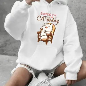 Cat Widay Coffee Happy Cats Baskılı Kapüşonlu Üst Bayan Günlük Bol Sweatshirt Kışlık Polar Sı