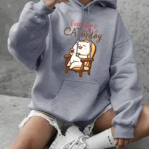 Cat Widay Coffee Happy Cats Baskılı Kapüşonlu Üst Bayan Günlük Bol Sweatshirt Kışlık Polar Sı