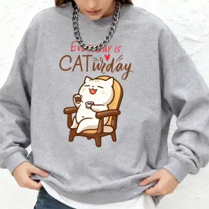 Cat Widay Coffee Happy Cats Baskılı Tişörtü Bayan Sonbahar Uzun Kollu Bisiklet Yaka Kapüşonlu