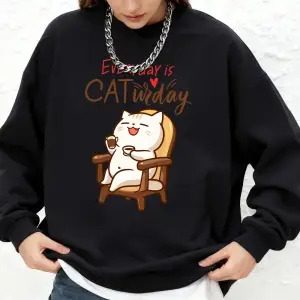 Cat Widay Coffee Happy Cats Baskılı Tişörtü Bayan Sonbahar Uzun Kollu Bisiklet Yaka Kapüşonlu