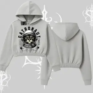 Catronaut Kedi Baskılı Kapşonlu Crop Sweatshirt