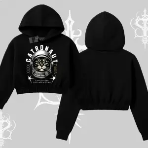 Catronaut Kedi Baskılı Kapşonlu Crop Sweatshirt
