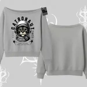 Catronaut Kedi Baskılı Kayık Yaka Sweatshirt