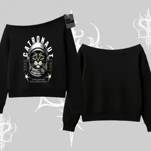 Catronaut Kedi Baskılı Kayık Yaka Sweatshirt