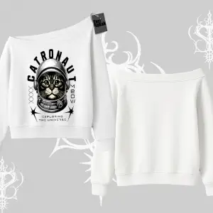 Catronaut Kedi Baskılı Kayık Yaka Sweatshirt
