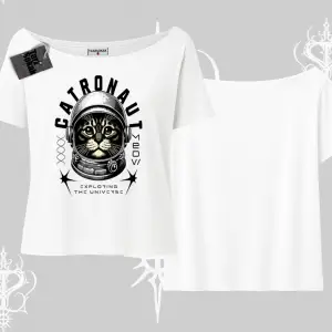 Catronaut Kedi Baskılı Kayık Yaka Tshirt