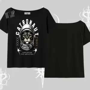 Catronaut Kedi Baskılı Kayık Yaka Tshirt