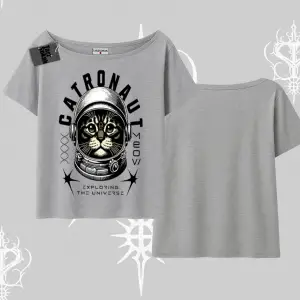 Catronaut Kedi Baskılı Kayık Yaka Tshirt