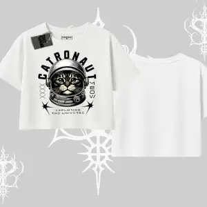Catronaut Kedi Baskılı Oversize Crop Tshirt