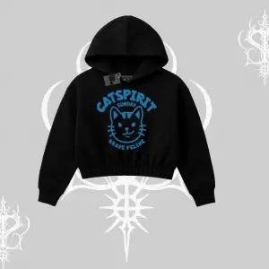 Catspirit Sunday Brave Feline Yazılı Kedi Baskılı Kapşonlu Crop Sweatshirt