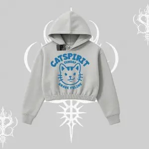 Catspirit Sunday Brave Feline Yazılı Kedi Baskılı Kapşonlu Crop Sweatshirt