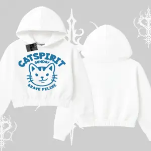 Catspirit Sunday Brave Feline Yazılı Kedi Baskılı Kapşonlu Crop Sweatshirt