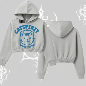 Catspirit Sunday Brave Feline Yazılı Kedi Baskılı Kapşonlu Crop Sweatshirt
