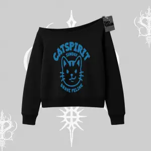Catspirit Sunday Brave Feline Yazılı Kedi Baskılı Kayık Yaka Sweatshirt