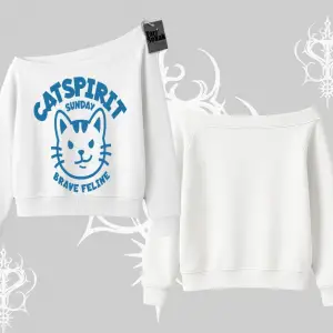 Catspirit Sunday Brave Feline Yazılı Kedi Baskılı Kayık Yaka Sweatshirt