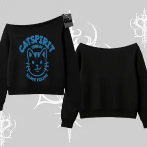 Catspirit Sunday Brave Feline Yazılı Kedi Baskılı Kayık Yaka Sweatshirt