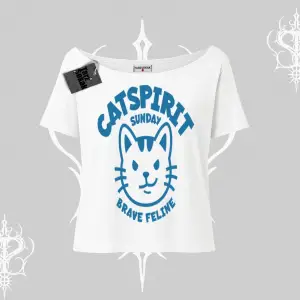 Catspirit Sunday Brave Feline Yazılı Kedi Baskılı Kayık Yaka Tshirt