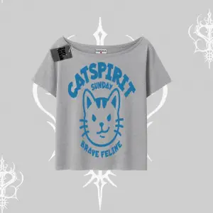 Catspirit Sunday Brave Feline Yazılı Kedi Baskılı Kayık Yaka Tshirt