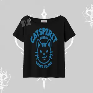 Catspirit Sunday Brave Feline Yazılı Kedi Baskılı Kayık Yaka Tshirt