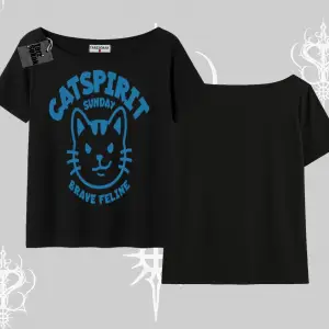 Catspirit Sunday Brave Feline Yazılı Kedi Baskılı Kayık Yaka Tshirt