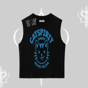 Catspirit Sunday Brave Feline Yazılı Kedi Baskılı Kolsuz Tshirt