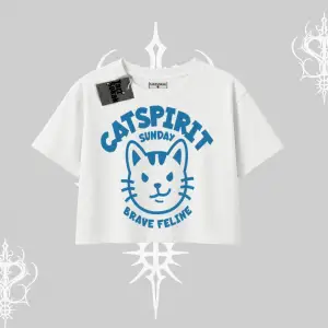 Catspirit Sunday Brave Feline Yazılı Kedi Baskılı Oversize Crop Tshirt