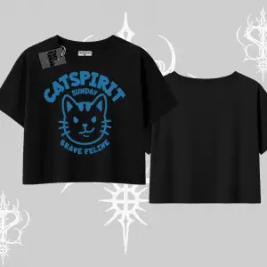 Catspirit Sunday Brave Feline Yazılı Kedi Baskılı Oversize Crop Tshirt