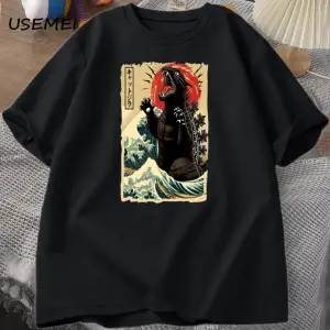 Catzilla T Shirt Kedi Büyük Dalga komik tişört Erkekler Kadınlar için Japon Tshirt Büyük Boy 2932