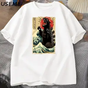 Catzilla T Shirt Kedi Büyük Dalga komik tişört Erkekler Kadınlar için Japon Tshirt Büyük Boy 2932