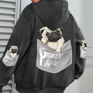 Cep Pug Kapüşonlu Üstleri Kadınlar Karikatür Köpek Baskılı Büyük Beden Cepli Kapüşonlu Üst Kı