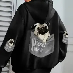 Cep Pug Kapüşonlu Üstleri Kadınlar Karikatür Köpek Baskılı Büyük Beden Cepli Kapüşonlu Üst Kı