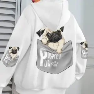 Cep Pug Kapüşonlu Üstleri Kadınlar Karikatür Köpek Baskılı Büyük Beden Cepli Kapüşonlu Üst Kı