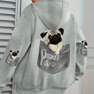 Cep Pug Kapüşonlu Üstleri Kadınlar Karikatür Köpek Baskılı Büyük Beden Cepli Kapüşonlu Üst Kı