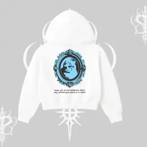 Çerçeveli Kedi Baskılı Kapşonlu Crop Sweatshirt