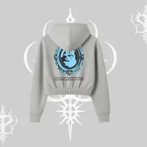 Çerçeveli Kedi Baskılı Kapşonlu Crop Sweatshirt