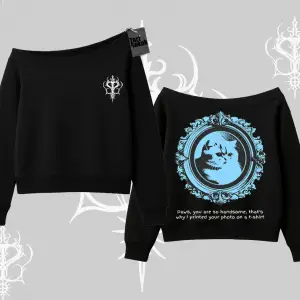 Çerçeveli Kedi Baskılı Kayık Yaka Sweatshirt