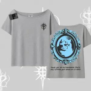 Çerçeveli Kedi Baskılı Kayık Yaka Tshirt