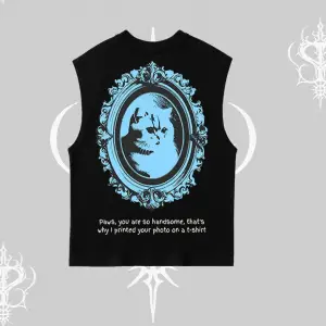 Çerçeveli Kedi Baskılı Kolsuz Tshirt