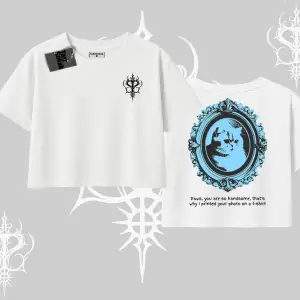 Çerçeveli Kedi Baskılı Oversize Crop Tshirt