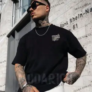 Charlie Luciano T-shirt - Siyah Baskılı Oversize Bisiklet Yaka Kısa Kol