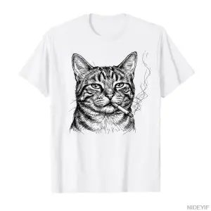 Chill Cat Sigara İçme Kroki Sanat Kedi Sevgilisi Tasarım T-shirt Erkekler Kadınlar Için % 100