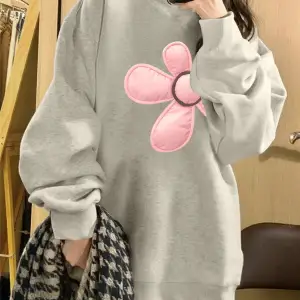 Çiçek Desenli Düşük Omuz Büyük Beden Sweat Gri