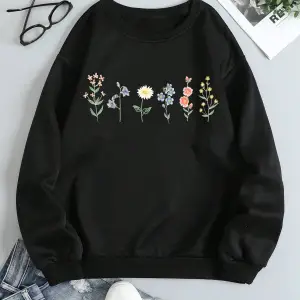 Çiçek Desenli Termal Astarlı Sweat Siyah