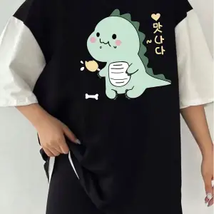 Çift Renk Dino Baskılı Unisex Tshirt