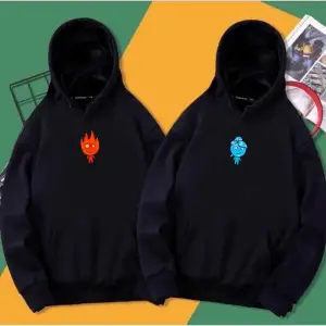 Çift Sevgili 2 Li Siyah Ateş Ve Su Baskılı Oversize Hoodie