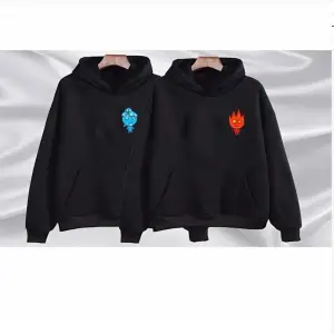 Çift Sevgili Siyah Ateş Su Baskılı Kapşonlu Kanguru Cepli Pamuklu 2li Sweatshirt
