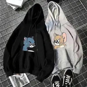 Çift Sevgili Siyah Gri Tom Ve Jery Baskılı Oversize Kapüşonlu Sweatshirt