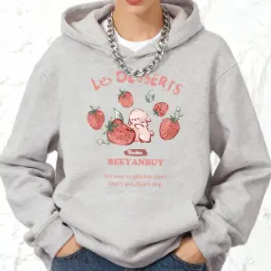 Çilek ve Tavşan Baskılı Kapüşonlu Üstler Pamuklu Kadın Sportif Bol Kazak Kışlık Polar Sıcak S