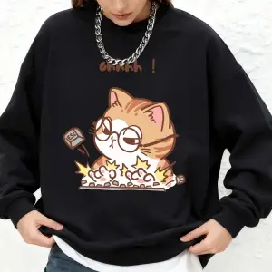Çılgın Kedi Yazarak Vahşi Baskılı Kapüşonlu Üst Kadınlar İçin Basit Yuvarlak Yaka Büyük Beden