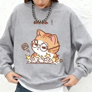 Çılgın Kedi Yazarak Vahşi Baskılı Kapüşonlu Üst Kadınlar İçin Basit Yuvarlak Yaka Büyük Beden